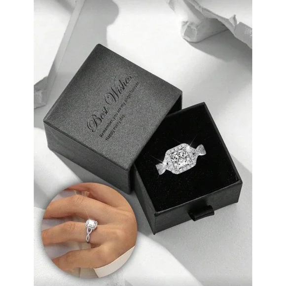 Princess Cut Halo Engagement Ring Infinity Twisted Band Silver Tone Wedding Ring - Picture 1 of 5